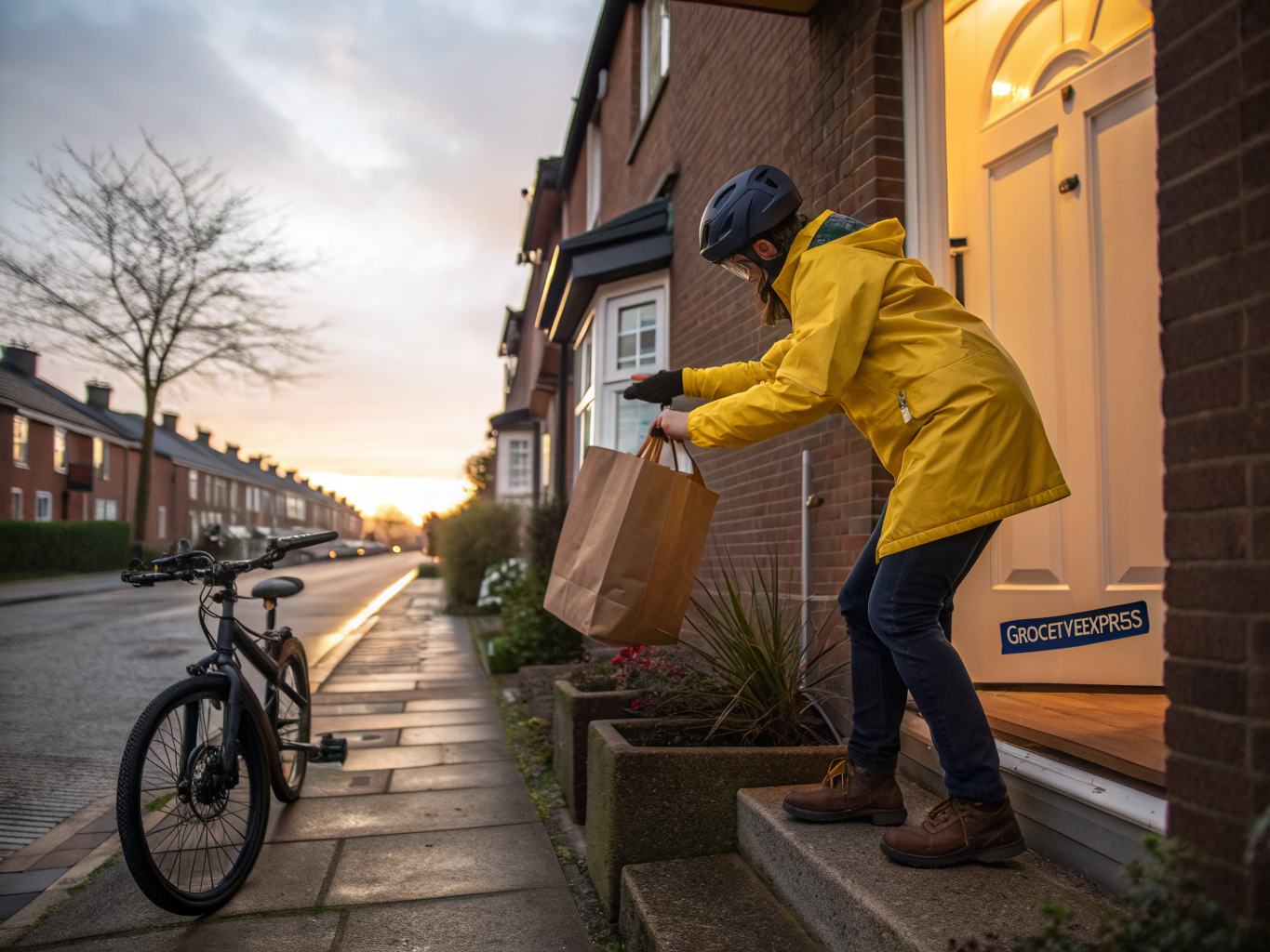 Courier delivering eco-insulated fresh grocery crate to residential doorstep