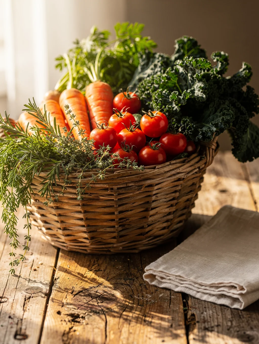 Freshly harvested heirloom vegetables and prepared artisan meal bowl