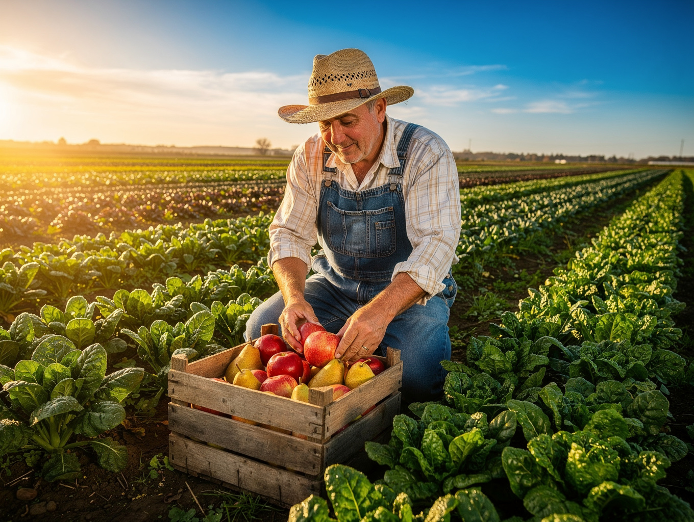 Farmer harvesting organic vegetables in sunlit regional fields